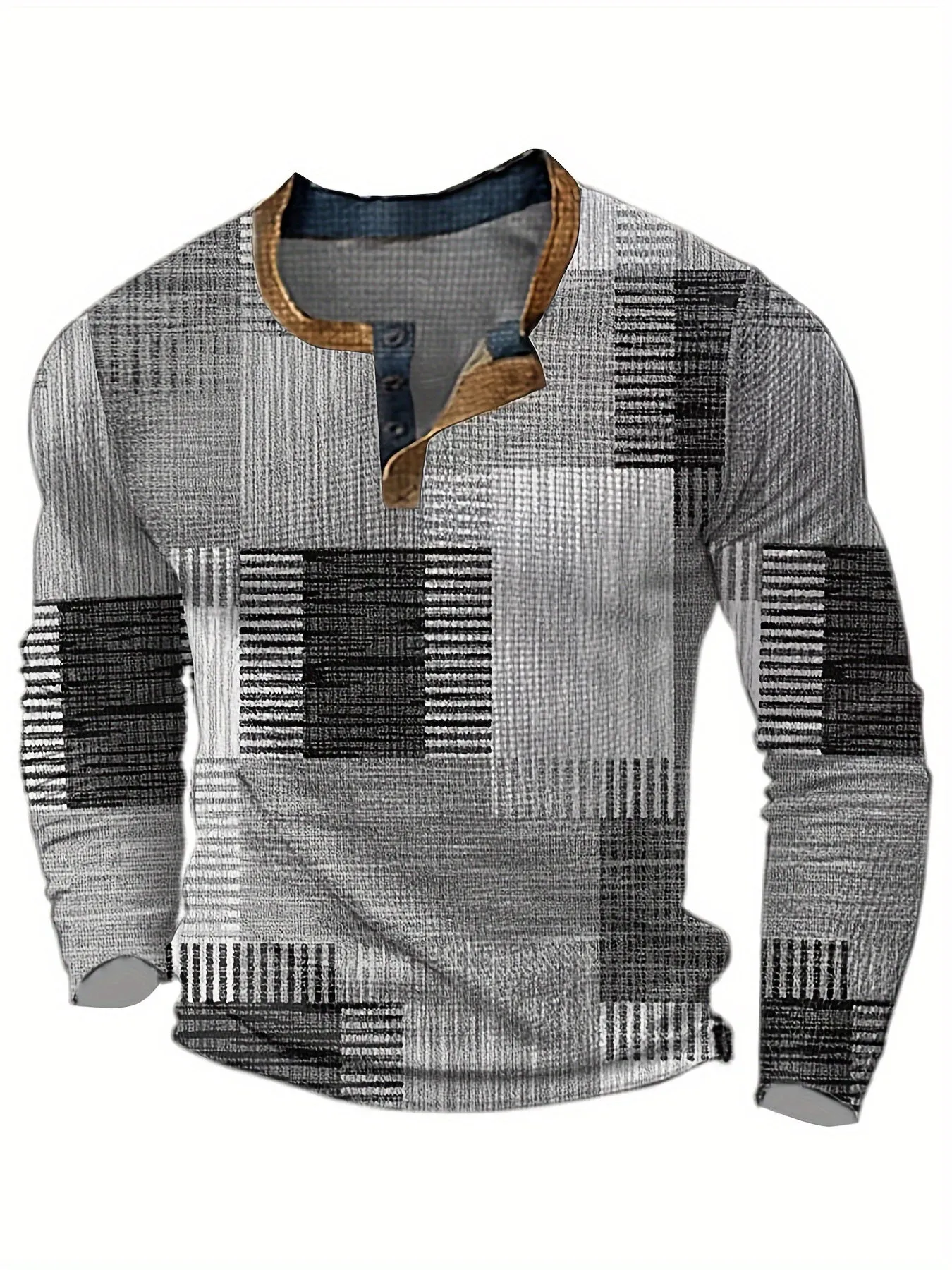 TruiFit - Heren Patchwork Lange Mouw Henley Shirt met Knoopsluiting