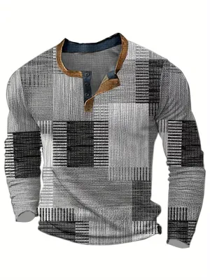 TruiFit - Heren Patchwork Lange Mouw Henley Shirt met Knoopsluiting