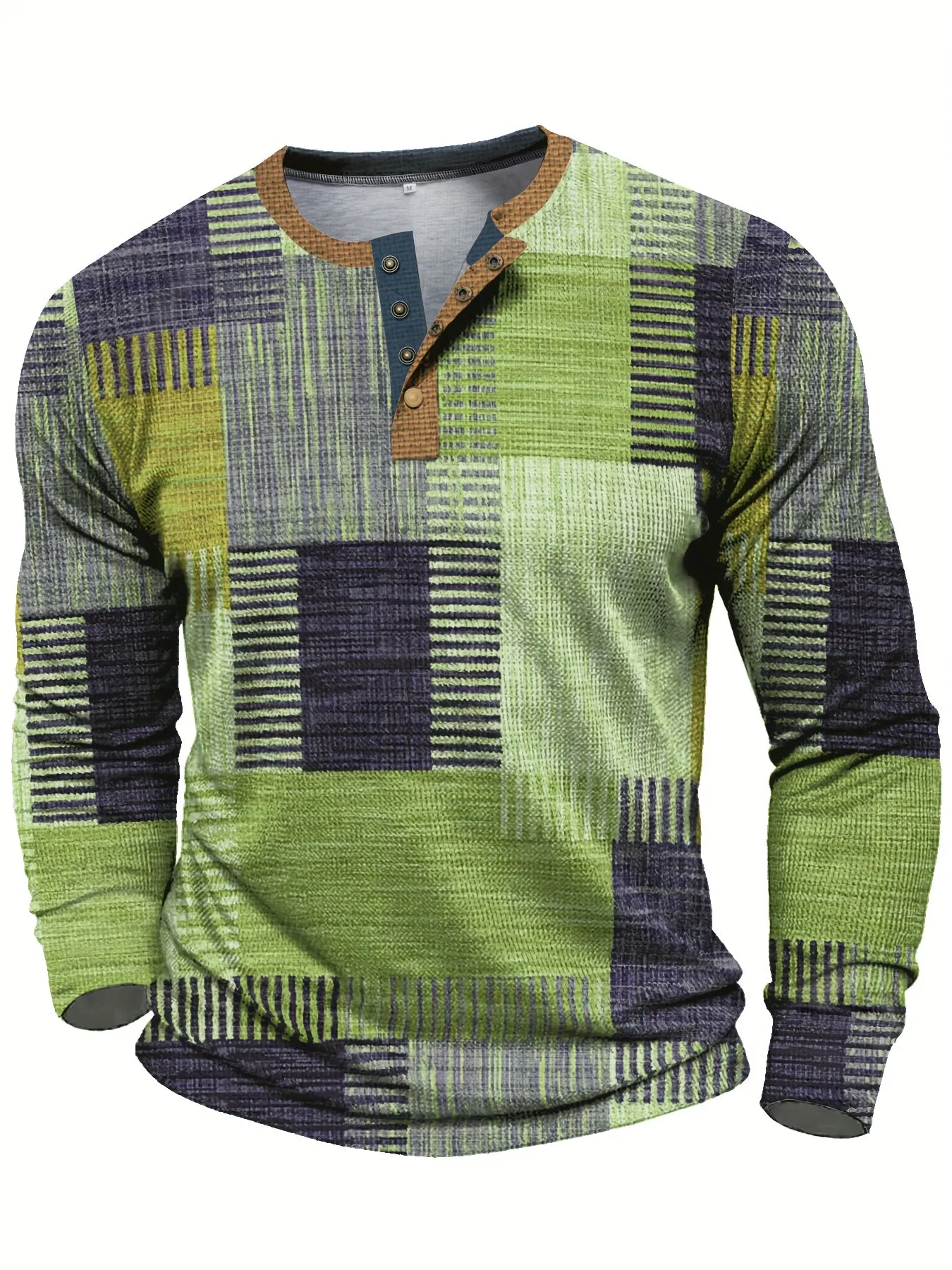 TruiFit - Heren Patchwork Lange Mouw Henley Shirt met Knoopsluiting