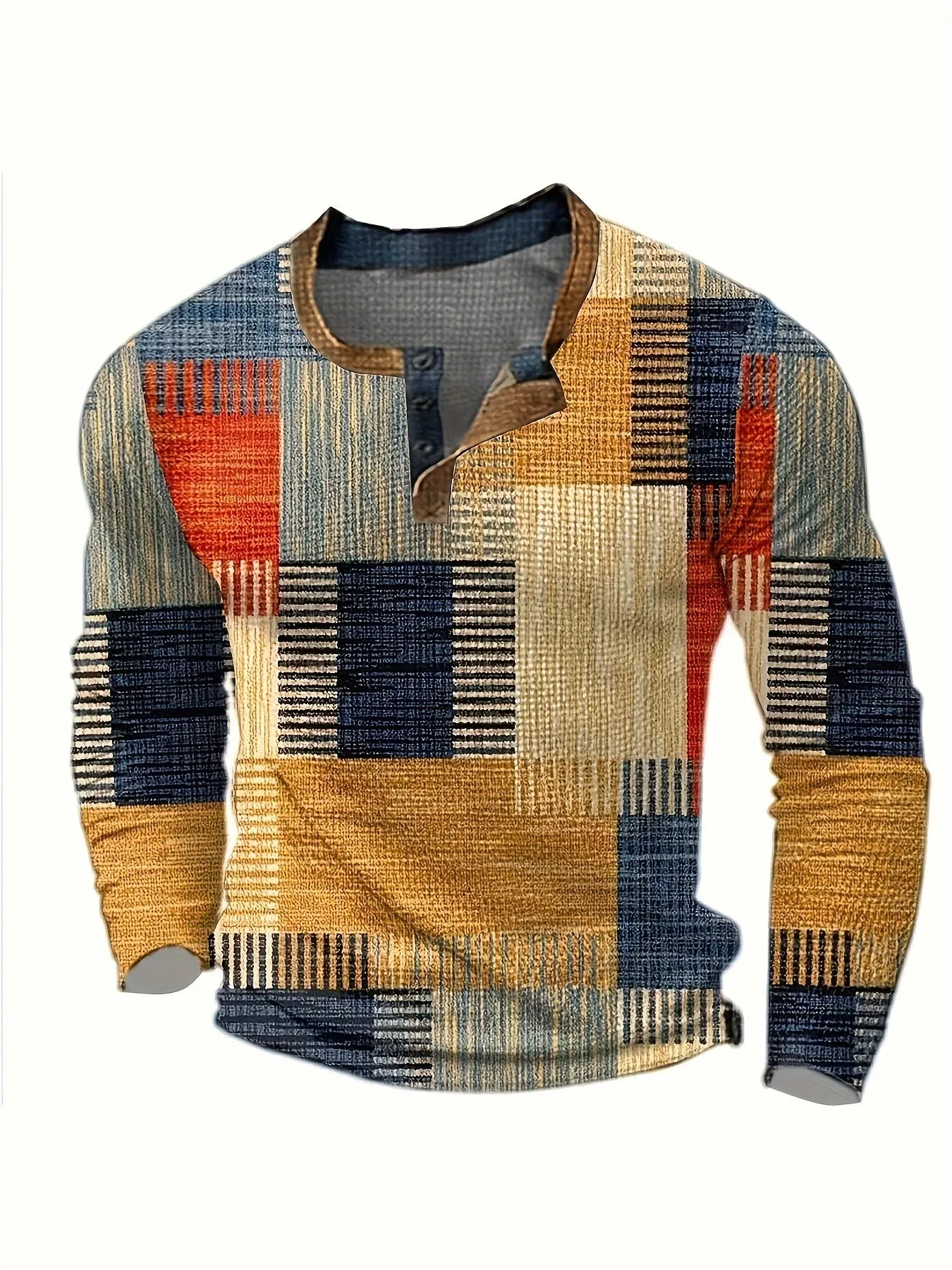 TruiFit - Heren Patchwork Lange Mouw Henley Shirt met Knoopsluiting