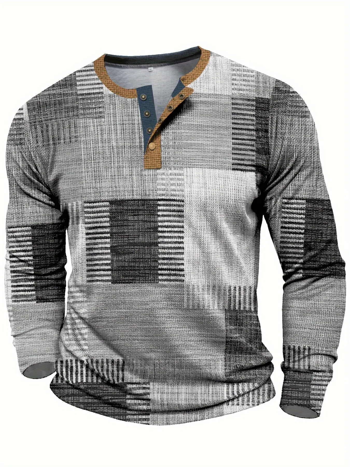 TruiFit - Heren Patchwork Lange Mouw Henley Shirt met Knoopsluiting