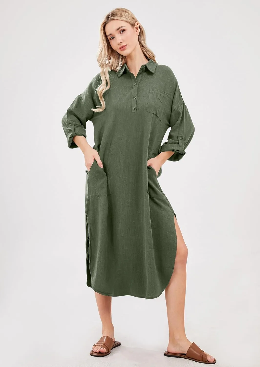 utcoco Womens Casual Loose Cotton Linen Long Shirt Dress Lapel Button Cuffed Sleeve Side Split Dresses with Pockets