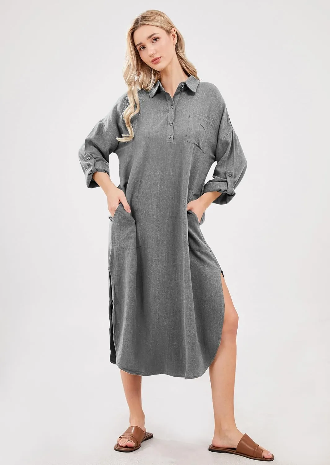 utcoco Womens Casual Loose Cotton Linen Long Shirt Dress Lapel Button Cuffed Sleeve Side Split Dresses with Pockets