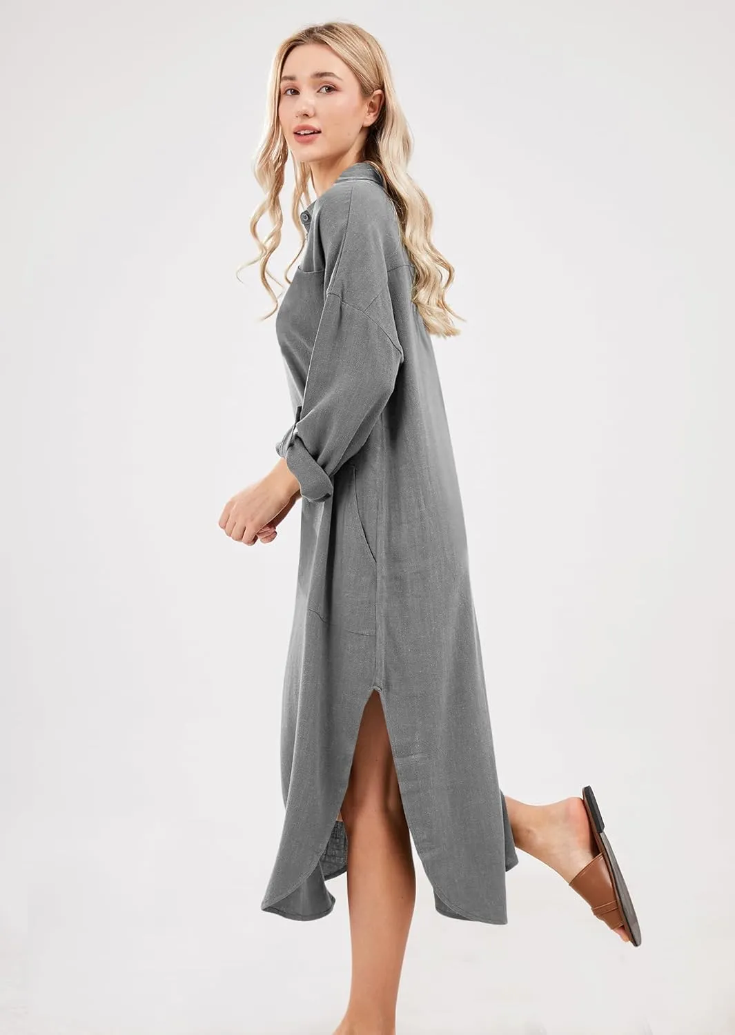 utcoco Womens Casual Loose Cotton Linen Long Shirt Dress Lapel Button Cuffed Sleeve Side Split Dresses with Pockets