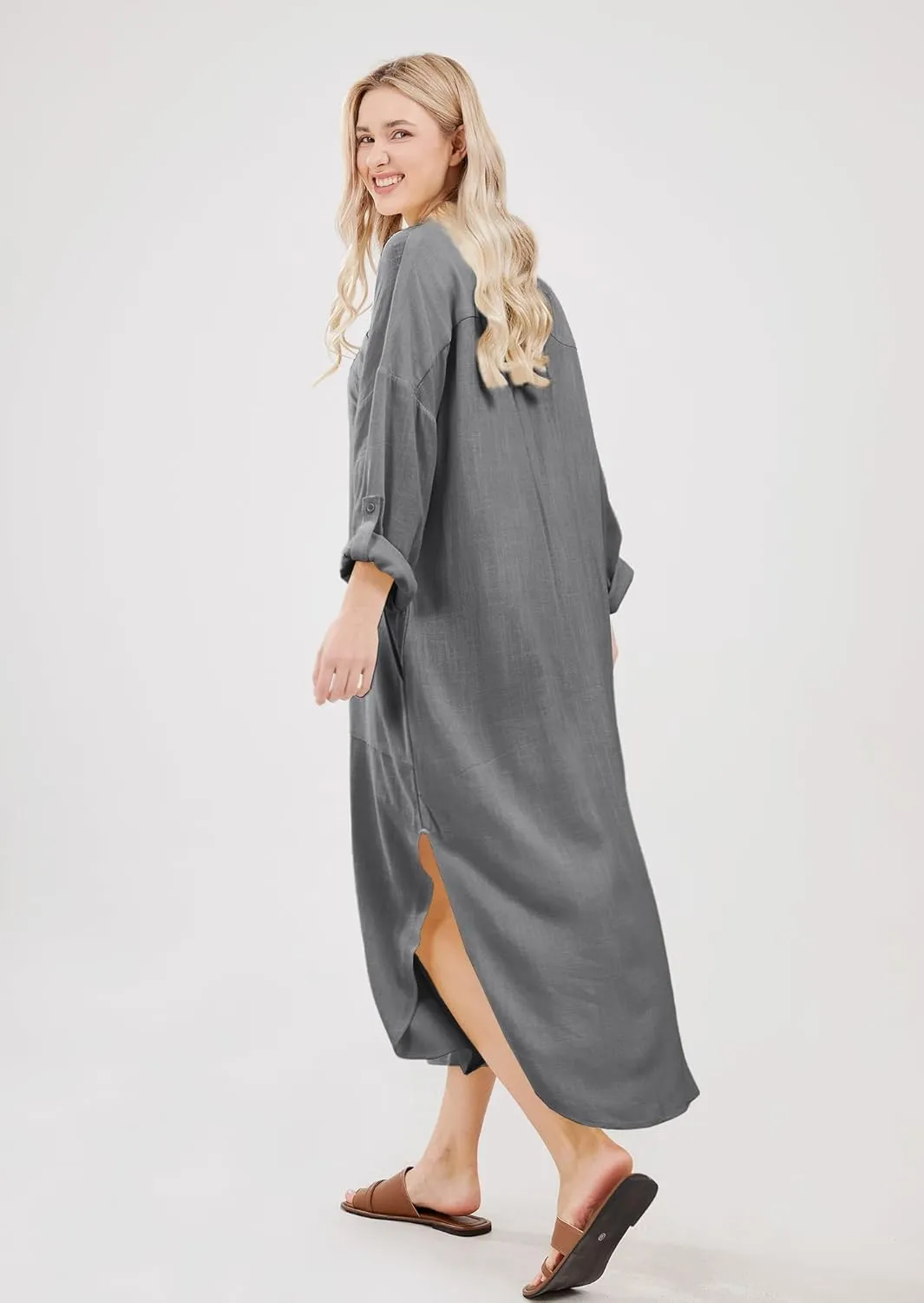 utcoco Womens Casual Loose Cotton Linen Long Shirt Dress Lapel Button Cuffed Sleeve Side Split Dresses with Pockets