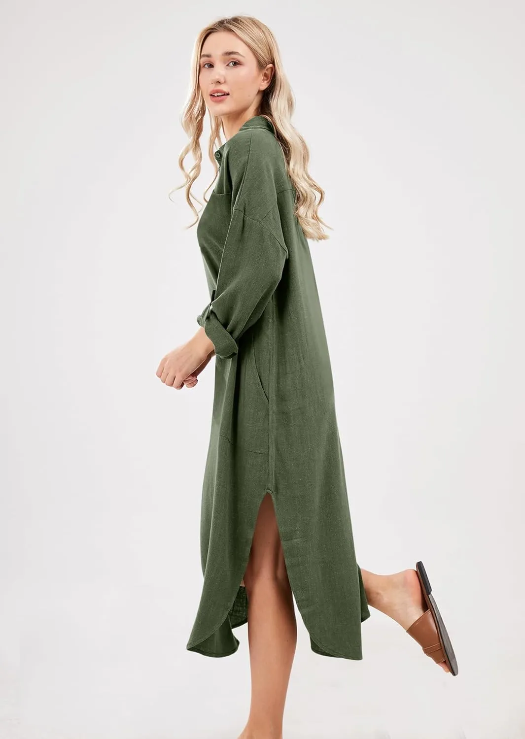 utcoco Womens Casual Loose Cotton Linen Long Shirt Dress Lapel Button Cuffed Sleeve Side Split Dresses with Pockets