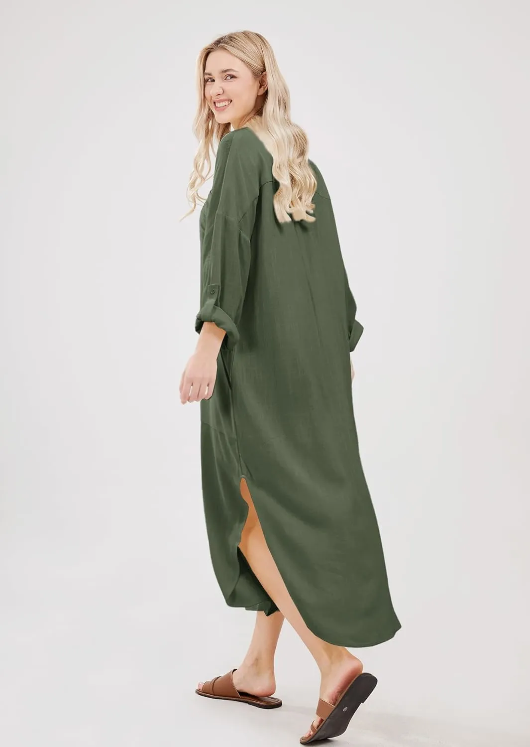 utcoco Womens Casual Loose Cotton Linen Long Shirt Dress Lapel Button Cuffed Sleeve Side Split Dresses with Pockets