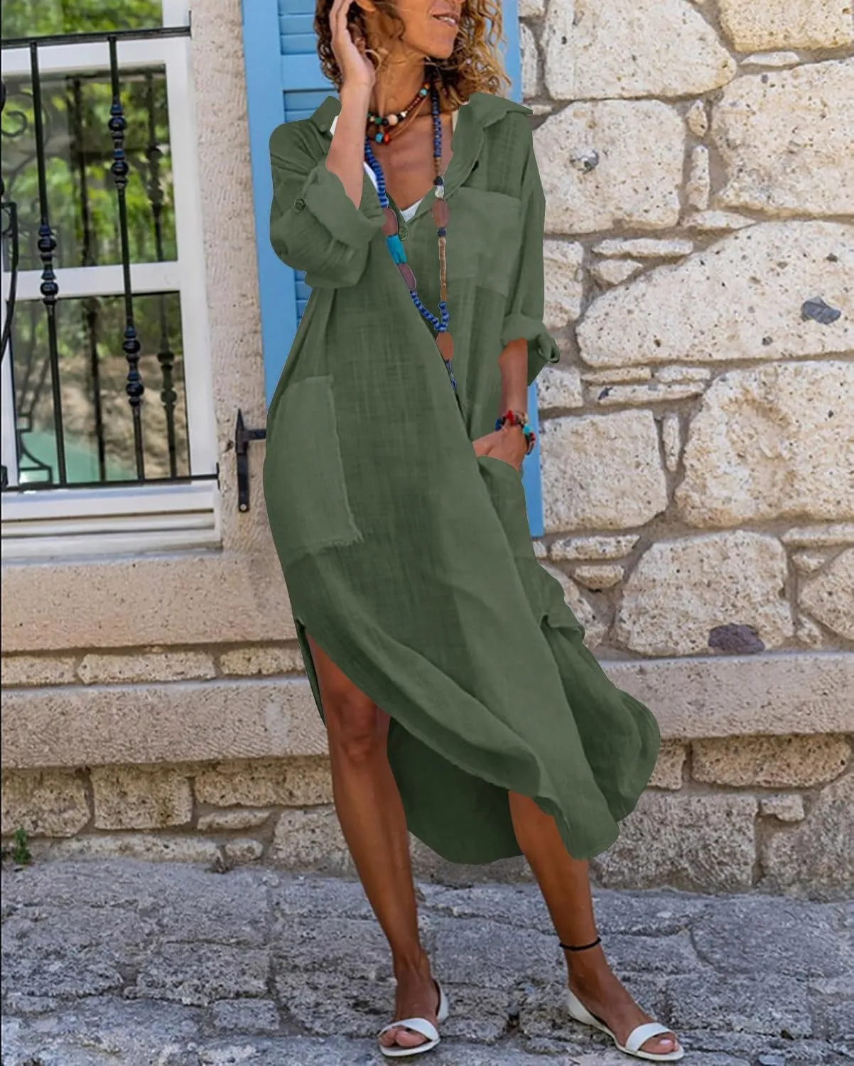 utcoco Womens Casual Loose Cotton Linen Long Shirt Dress Lapel Button Cuffed Sleeve Side Split Dresses with Pockets