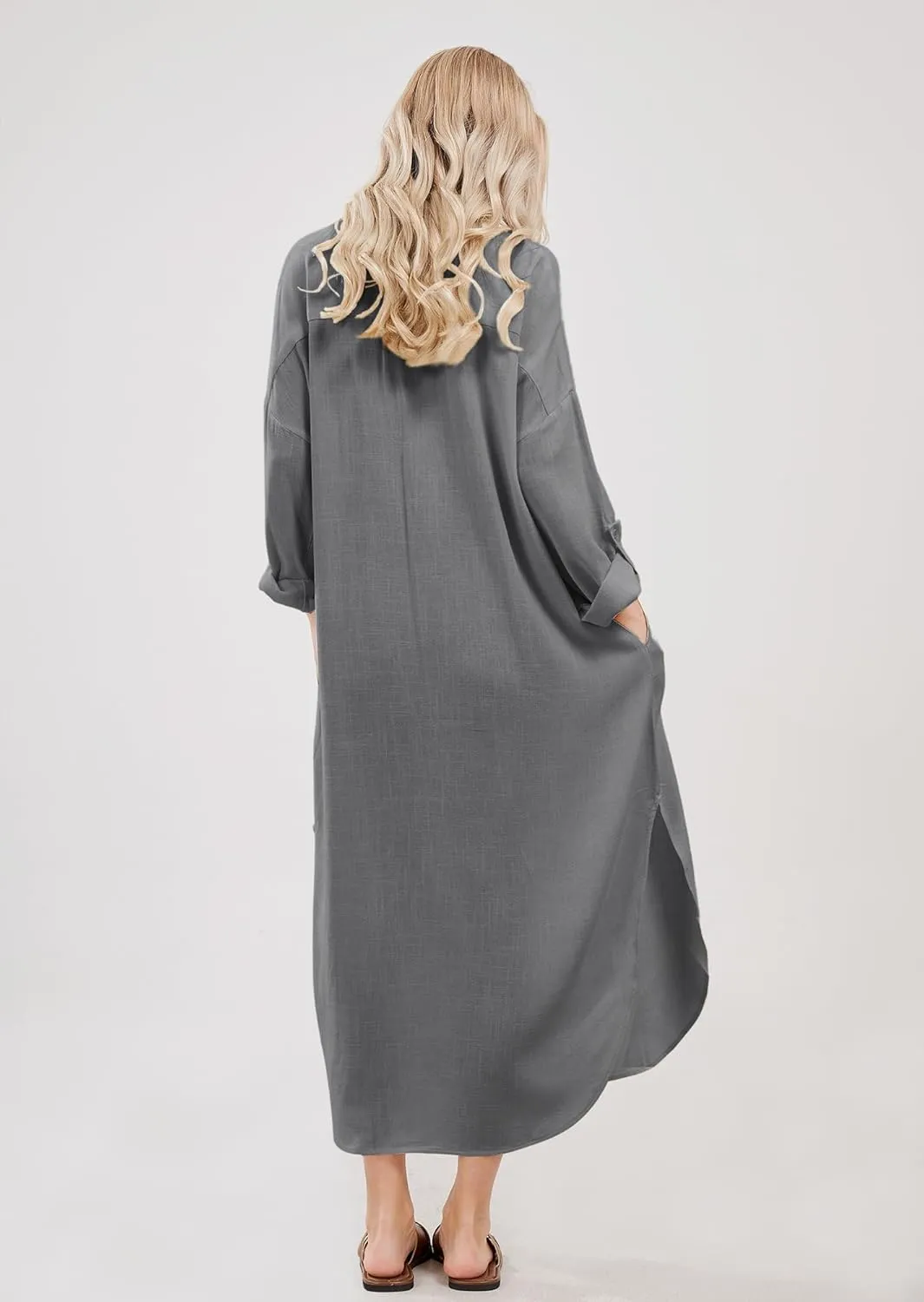 utcoco Womens Casual Loose Cotton Linen Long Shirt Dress Lapel Button Cuffed Sleeve Side Split Dresses with Pockets