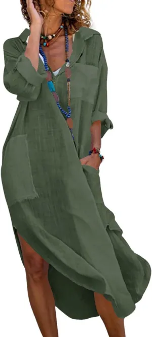 utcoco Womens Casual Loose Cotton Linen Long Shirt Dress Lapel Button Cuffed Sleeve Side Split Dresses with Pockets
