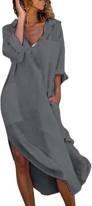 utcoco Womens Casual Loose Cotton Linen Long Shirt Dress Lapel Button Cuffed Sleeve Side Split Dresses with Pockets