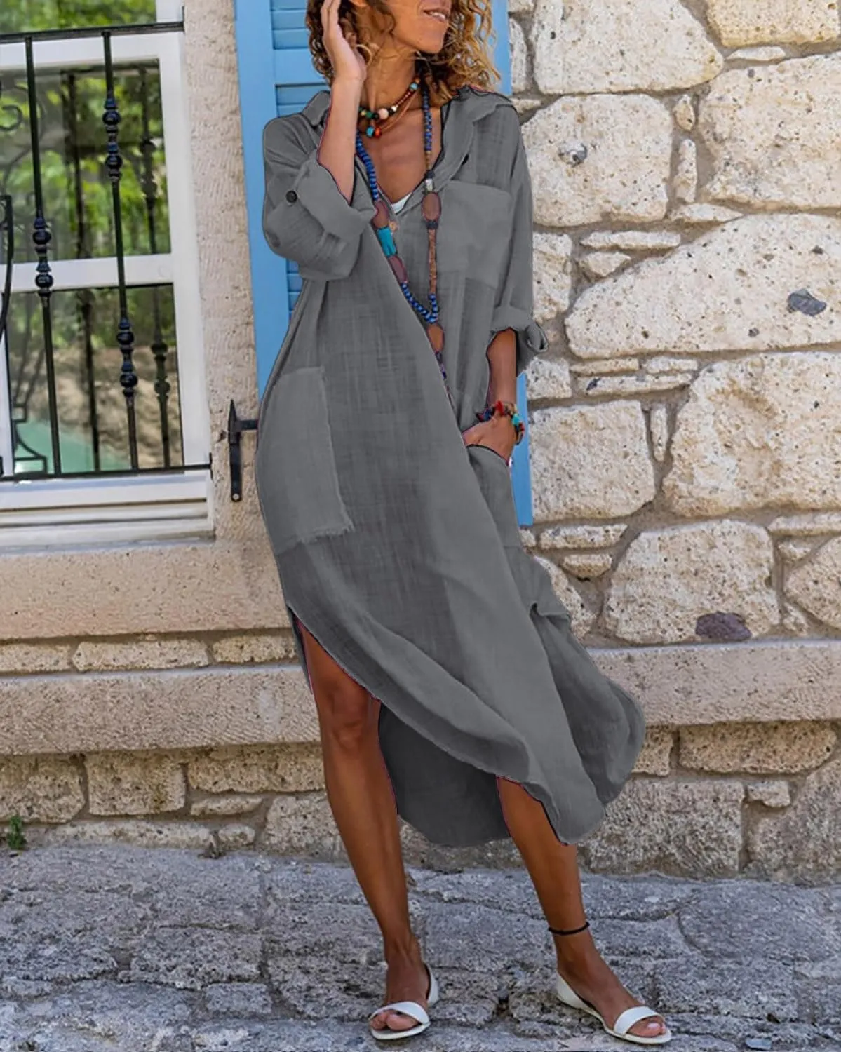 utcoco Womens Casual Loose Cotton Linen Long Shirt Dress Lapel Button Cuffed Sleeve Side Split Dresses with Pockets