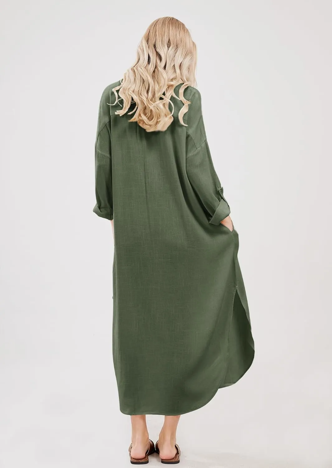 utcoco Womens Casual Loose Cotton Linen Long Shirt Dress Lapel Button Cuffed Sleeve Side Split Dresses with Pockets