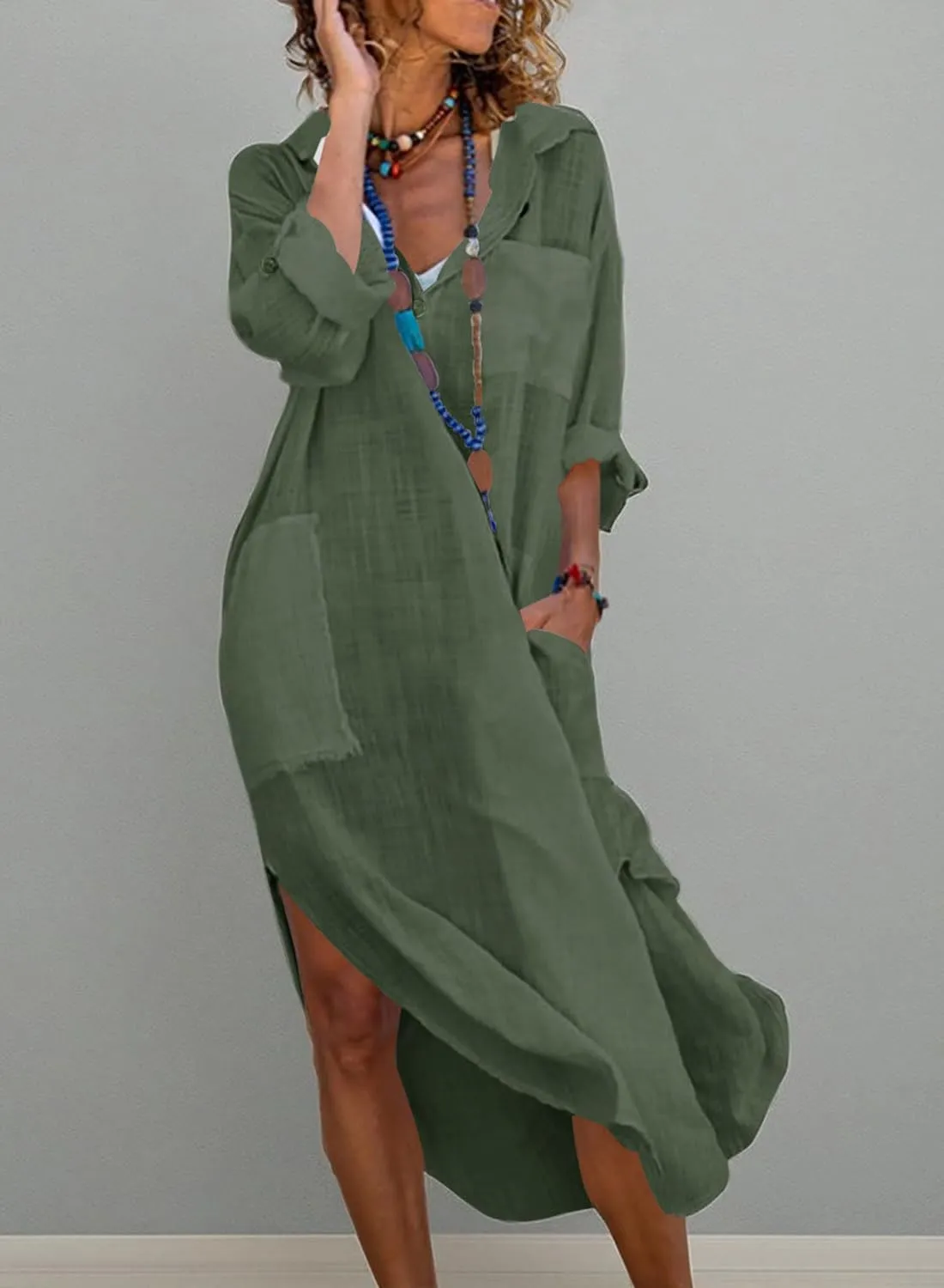 utcoco Womens Casual Loose Cotton Linen Long Shirt Dress Lapel Button Cuffed Sleeve Side Split Dresses with Pockets