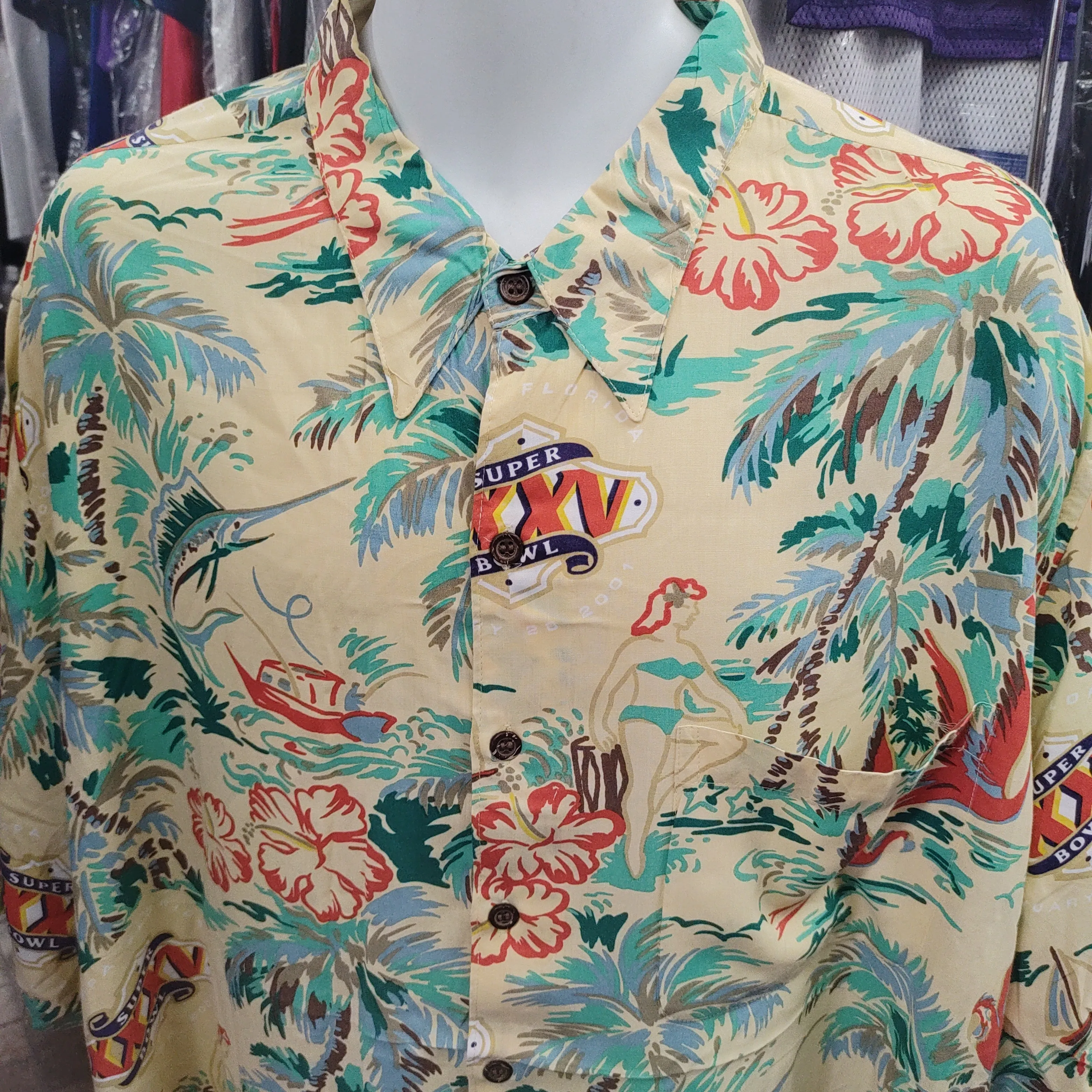 Vintage '01 SUPER BOWL XXXV NFL Rayon Hawaiian Shirt XXXL