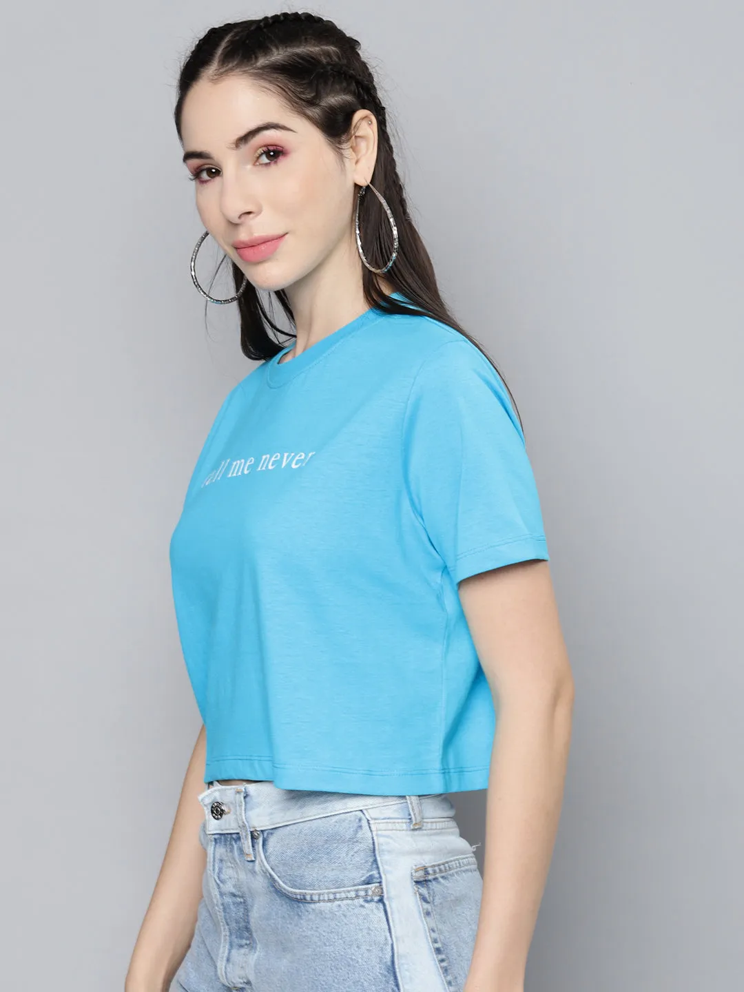 Women Blue Call-Me-Never Crop Boxy T-Shirt