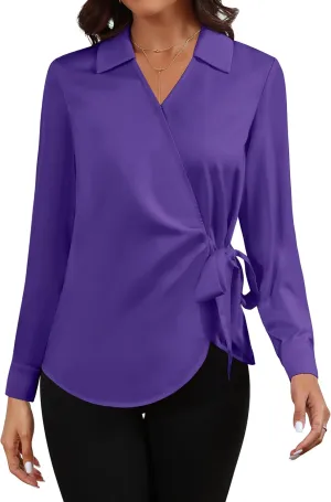 Women Satin Silk Blouse Wrap Tie Knot Front V Neck Long Sleeve Shirt Casual Office Work Tunic Pullover Top