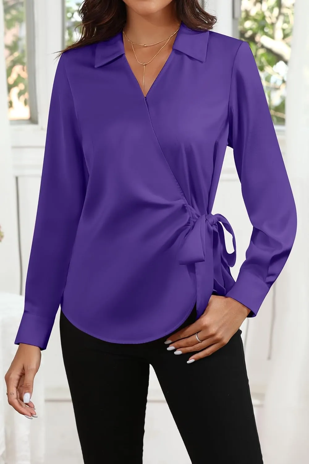 Women Satin Silk Blouse Wrap Tie Knot Front V Neck Long Sleeve Shirt Casual Office Work Tunic Pullover Top