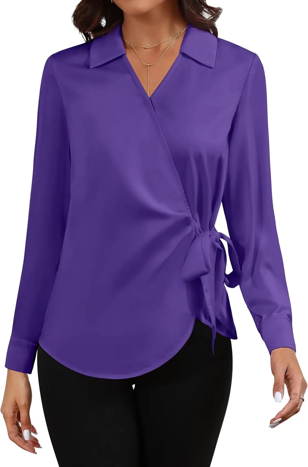 Women Satin Silk Blouse Wrap Tie Knot Front V Neck Long Sleeve Shirt Casual Office Work Tunic Pullover Top