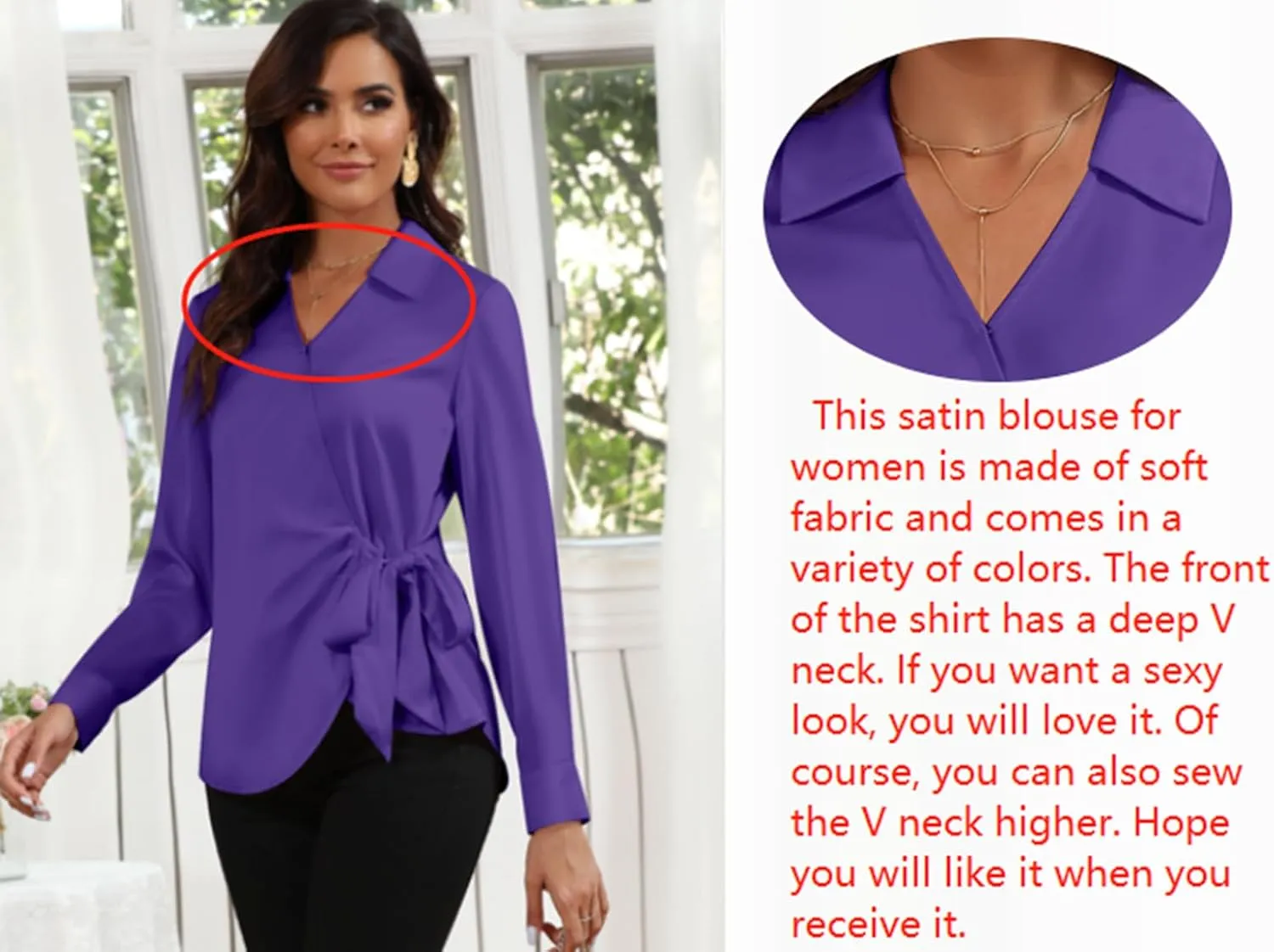 Women Satin Silk Blouse Wrap Tie Knot Front V Neck Long Sleeve Shirt Casual Office Work Tunic Pullover Top