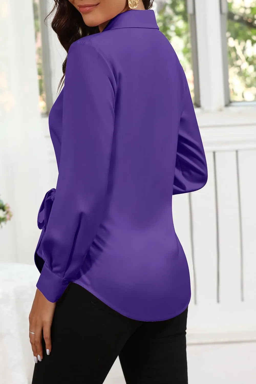 Women Satin Silk Blouse Wrap Tie Knot Front V Neck Long Sleeve Shirt Casual Office Work Tunic Pullover Top