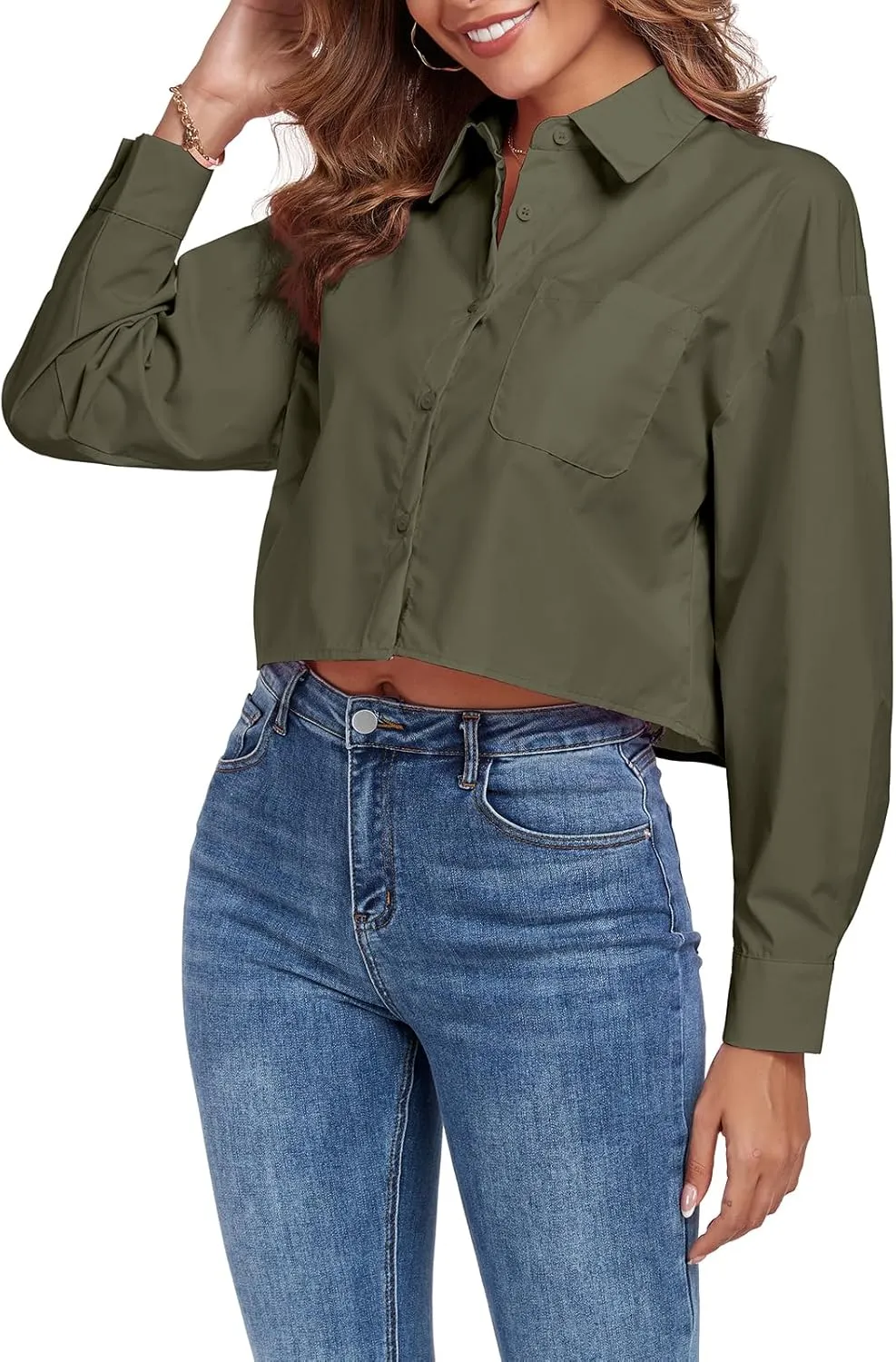 Women's Button Down Shirt Cropped Oversize Boyfriend Long Sleeve Collared Crop Loose Blouses with Pocket