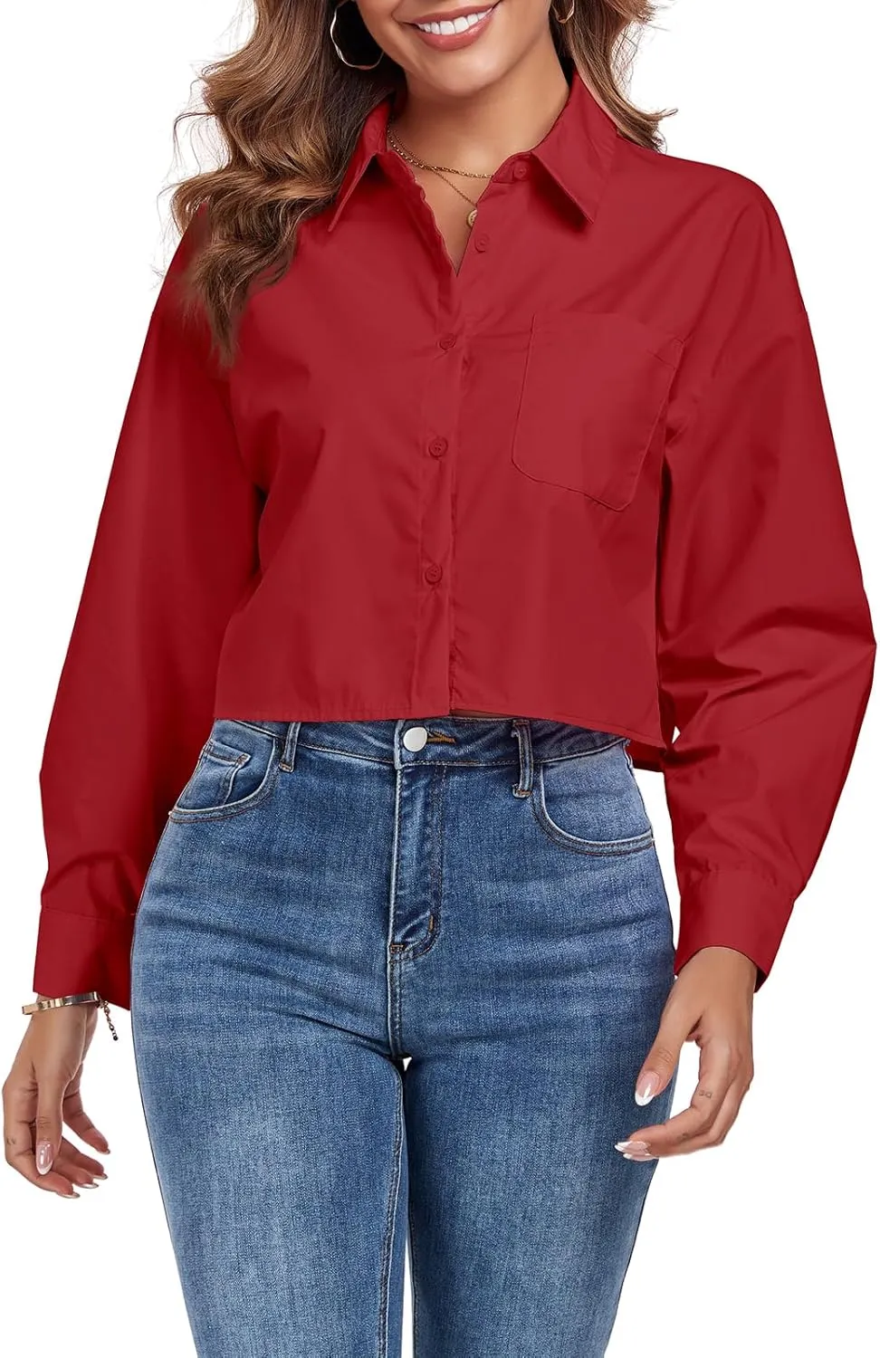 Women's Button Down Shirt Cropped Oversize Boyfriend Long Sleeve Collared Crop Loose Blouses with Pocket