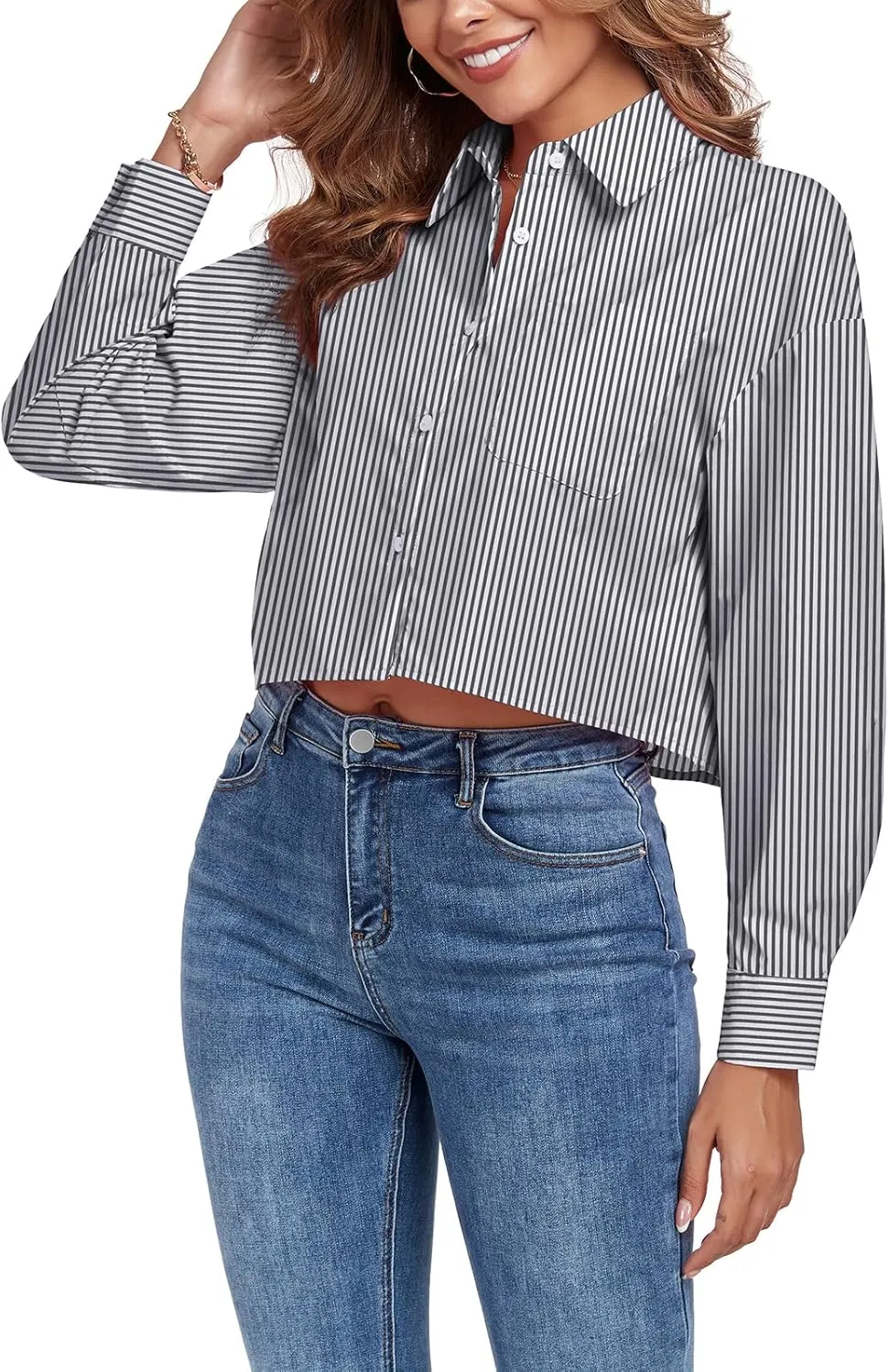 Women's Button Down Shirt Cropped Oversize Boyfriend Long Sleeve Collared Crop Loose Blouses with Pocket