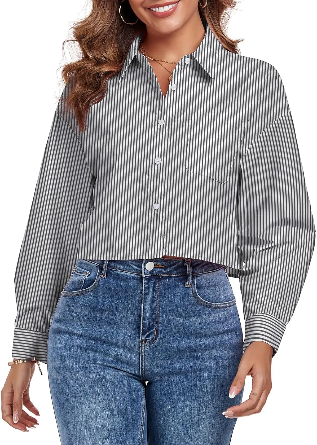 Women's Button Down Shirt Cropped Oversize Boyfriend Long Sleeve Collared Crop Loose Blouses with Pocket