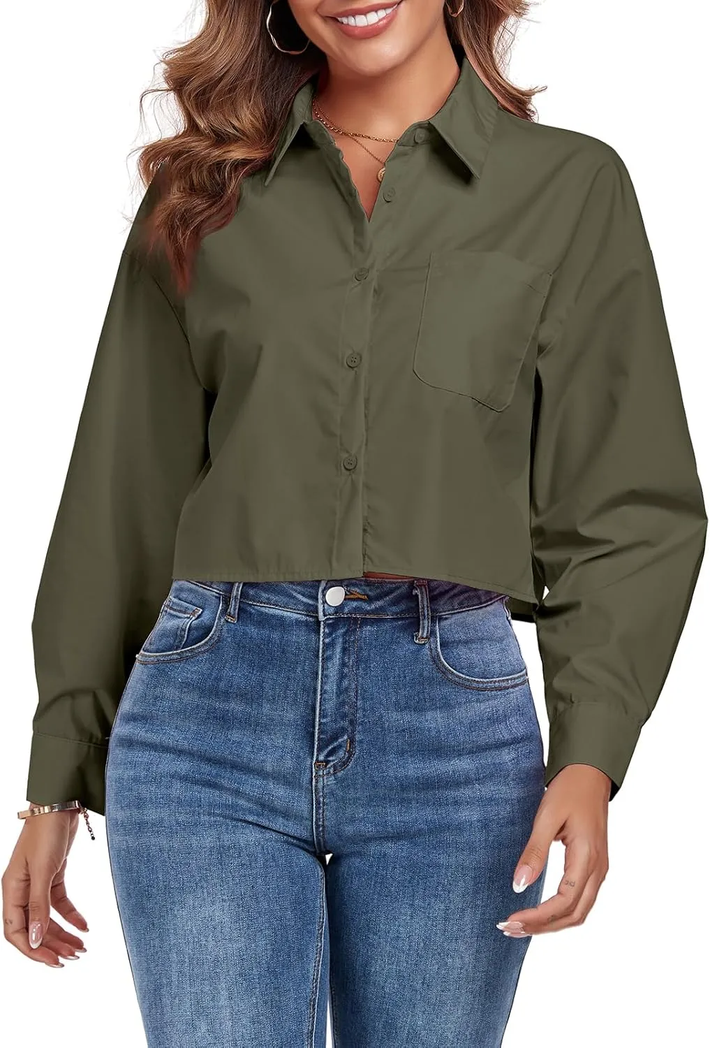 Women's Button Down Shirt Cropped Oversize Boyfriend Long Sleeve Collared Crop Loose Blouses with Pocket