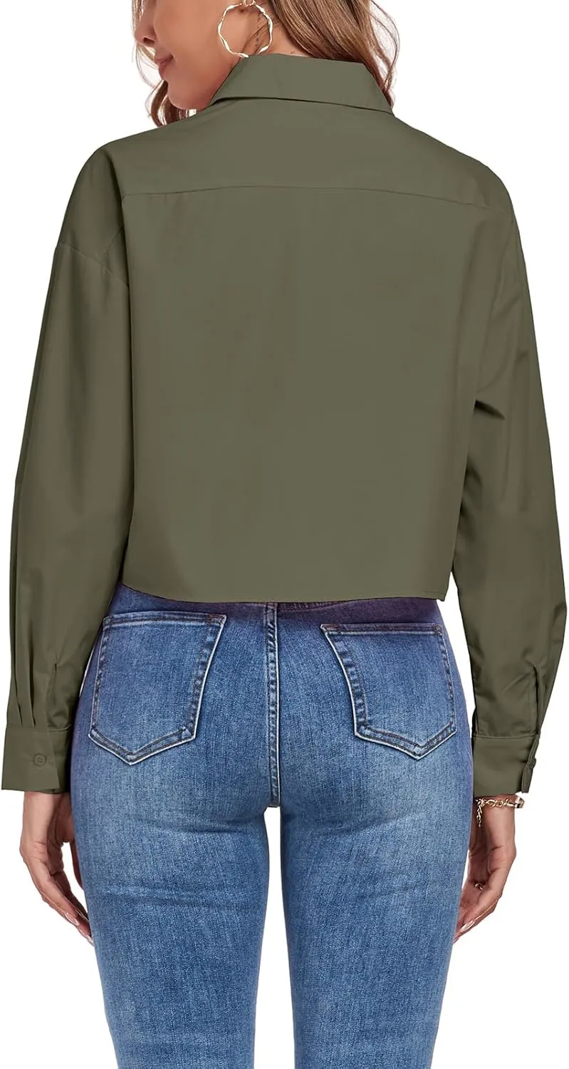 Women's Button Down Shirt Cropped Oversize Boyfriend Long Sleeve Collared Crop Loose Blouses with Pocket