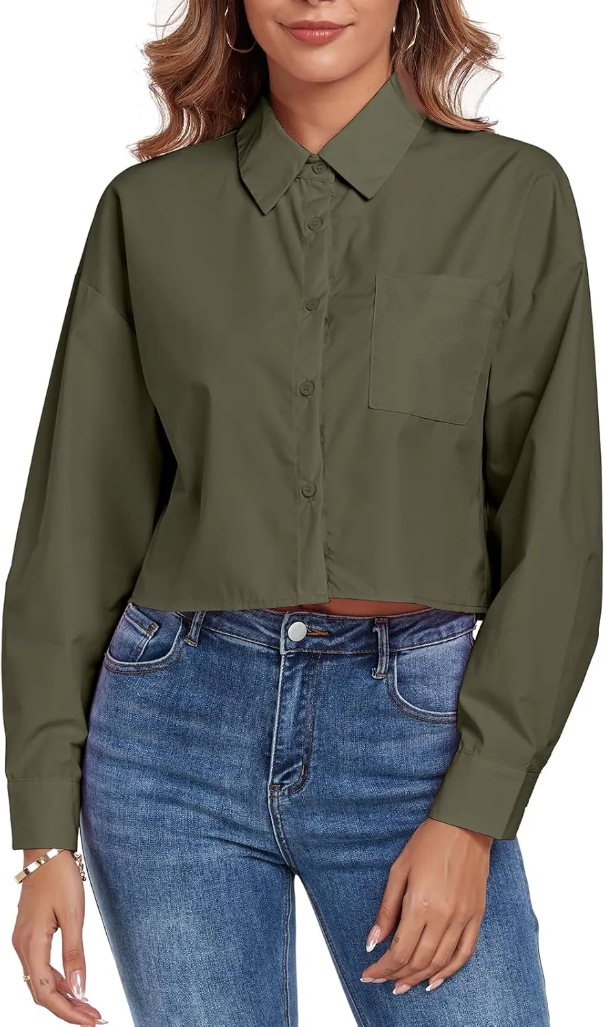 Women's Button Down Shirt Cropped Oversize Boyfriend Long Sleeve Collared Crop Loose Blouses with Pocket