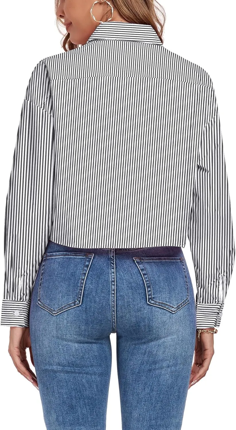 Women's Button Down Shirt Cropped Oversize Boyfriend Long Sleeve Collared Crop Loose Blouses with Pocket