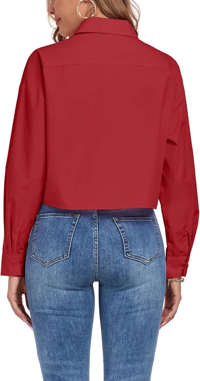 Women's Button Down Shirt Cropped Oversize Boyfriend Long Sleeve Collared Crop Loose Blouses with Pocket