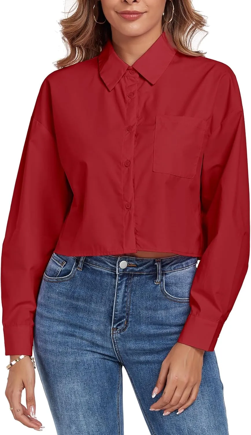 Women's Button Down Shirt Cropped Oversize Boyfriend Long Sleeve Collared Crop Loose Blouses with Pocket