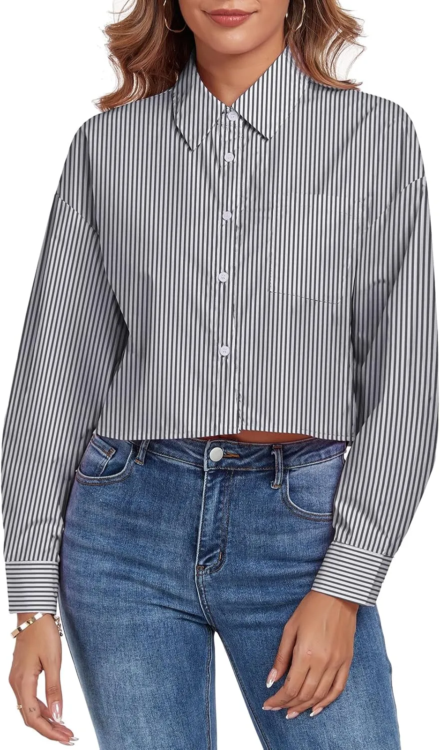 Women's Button Down Shirt Cropped Oversize Boyfriend Long Sleeve Collared Crop Loose Blouses with Pocket