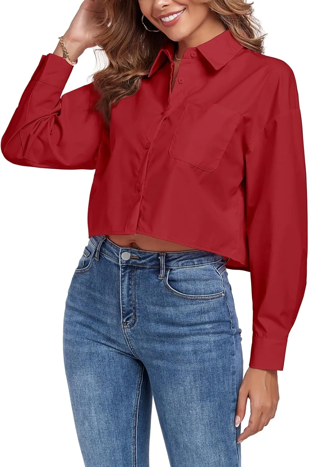 Women's Button Down Shirt Cropped Oversize Boyfriend Long Sleeve Collared Crop Loose Blouses with Pocket