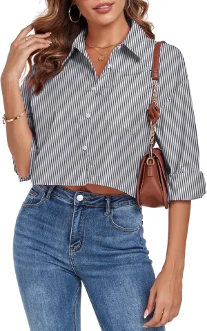 Women's Button Down Shirt Cropped Oversize Boyfriend Long Sleeve Collared Crop Loose Blouses with Pocket