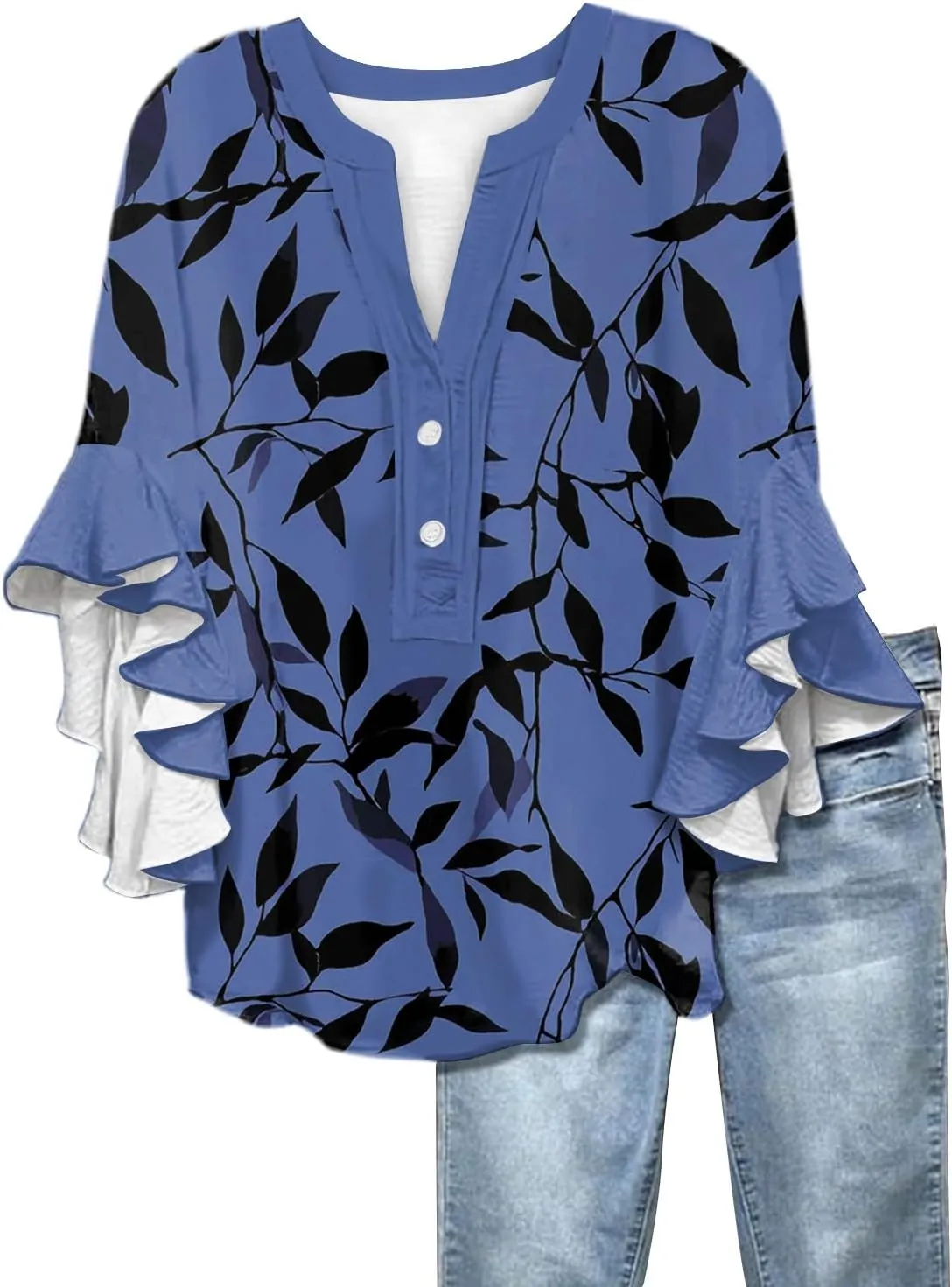 Womens Summer Tops 3/4 Length Sleeve Shirts for Women Plus Size Ruffle Sleeve V Neck Button Down Floral Tunic Tops