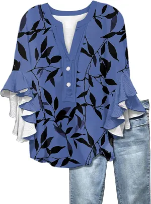 Womens Summer Tops 3/4 Length Sleeve Shirts for Women Plus Size Ruffle Sleeve V Neck Button Down Floral Tunic Tops