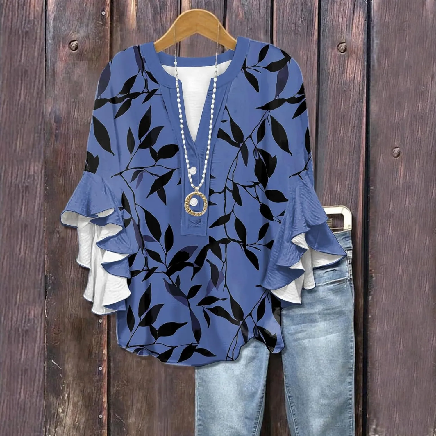 Womens Summer Tops 3/4 Length Sleeve Shirts for Women Plus Size Ruffle Sleeve V Neck Button Down Floral Tunic Tops
