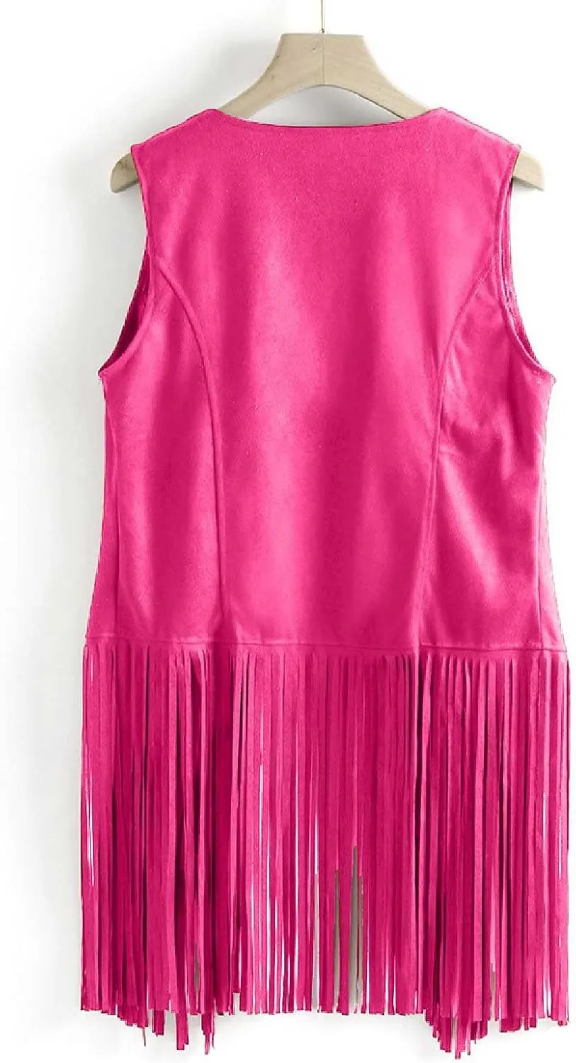 Womens Vintage Western Fringe Vest Tops Classic Suede Leather 70s Cowboy Shirt Sleeveless Tassel Cardigan Coat