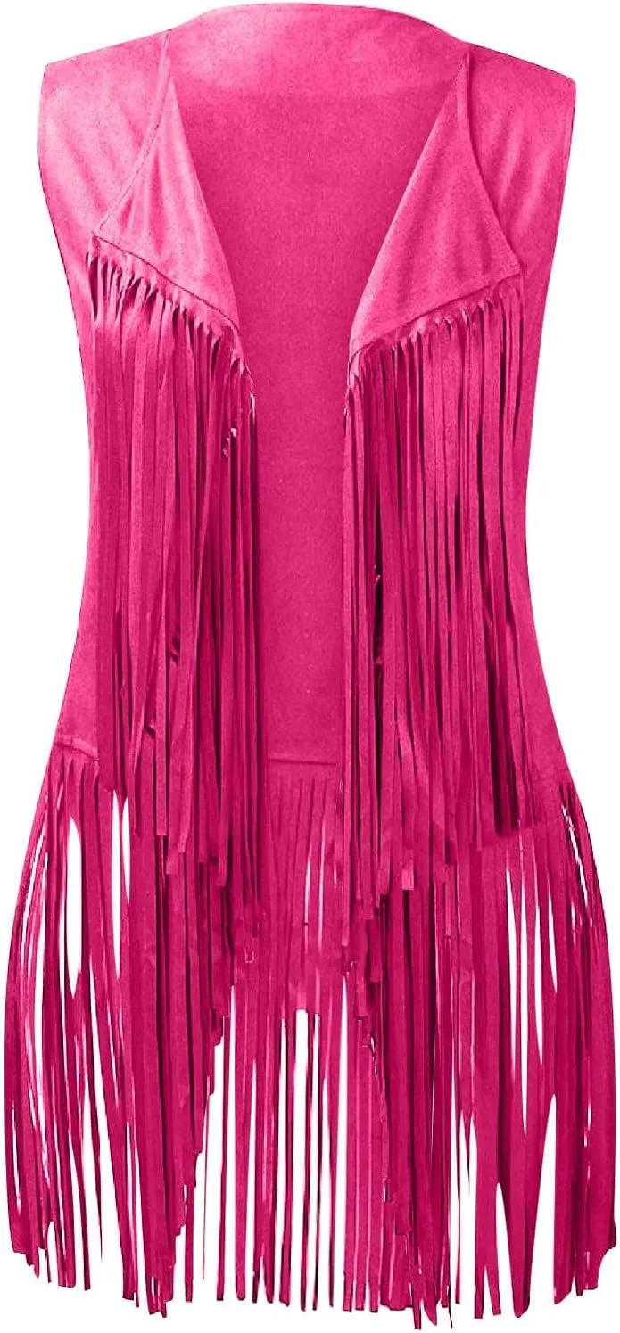 Womens Vintage Western Fringe Vest Tops Classic Suede Leather 70s Cowboy Shirt Sleeveless Tassel Cardigan Coat