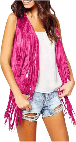 Womens Vintage Western Fringe Vest Tops Classic Suede Leather 70s Cowboy Shirt Sleeveless Tassel Cardigan Coat