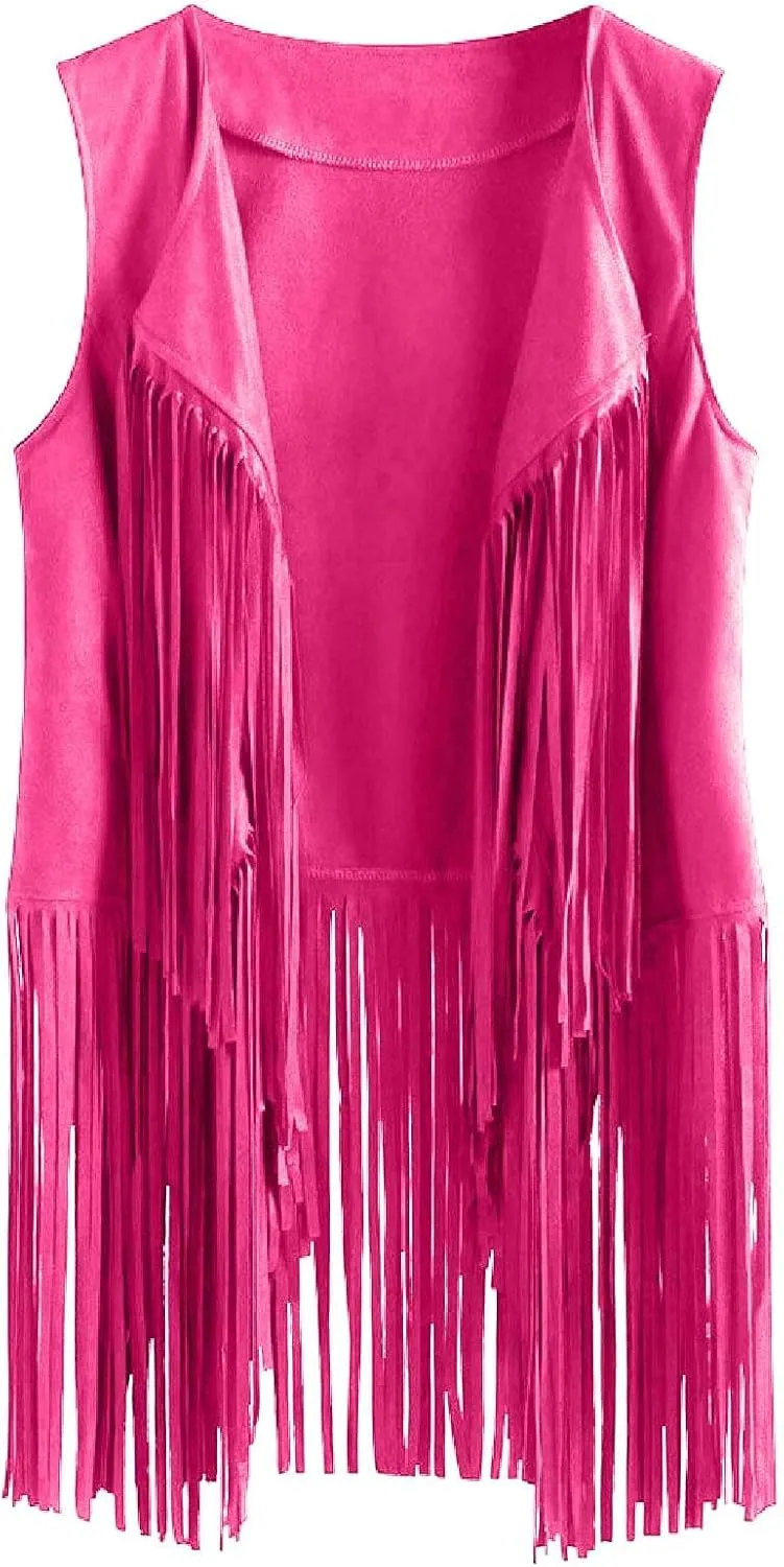 Womens Vintage Western Fringe Vest Tops Classic Suede Leather 70s Cowboy Shirt Sleeveless Tassel Cardigan Coat