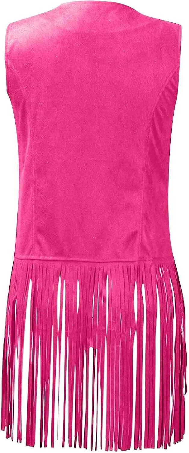 Womens Vintage Western Fringe Vest Tops Classic Suede Leather 70s Cowboy Shirt Sleeveless Tassel Cardigan Coat