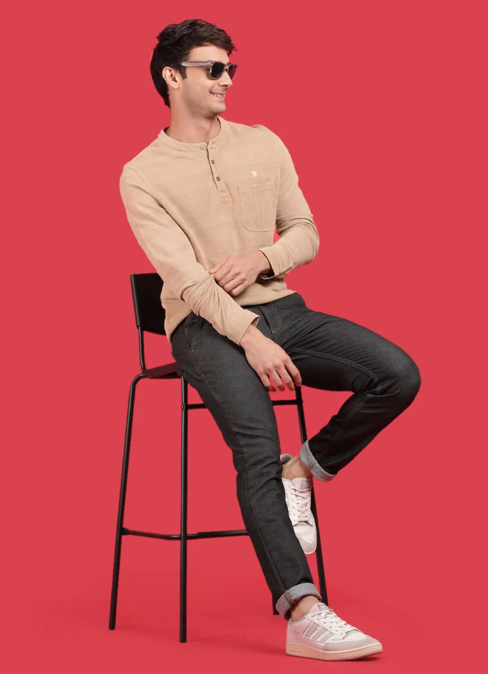 Yellow Cotton  Long Sleeve Henley T-Shirt
