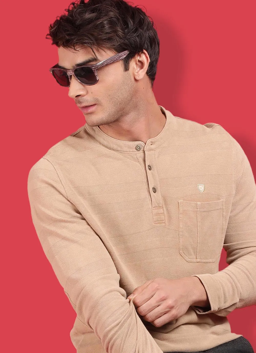 Yellow Cotton  Long Sleeve Henley T-Shirt