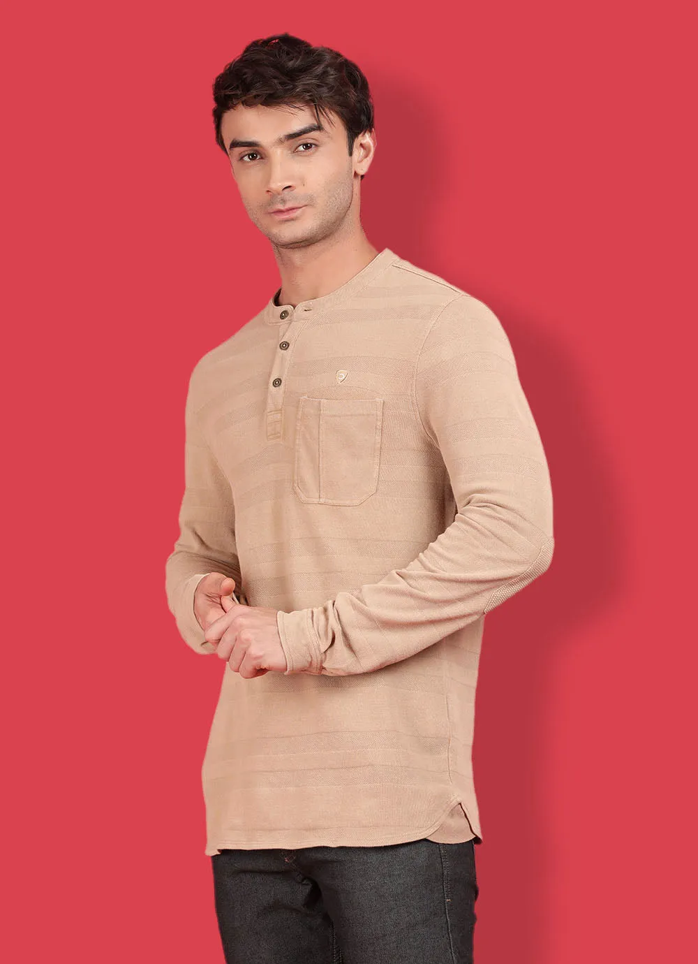 Yellow Cotton  Long Sleeve Henley T-Shirt