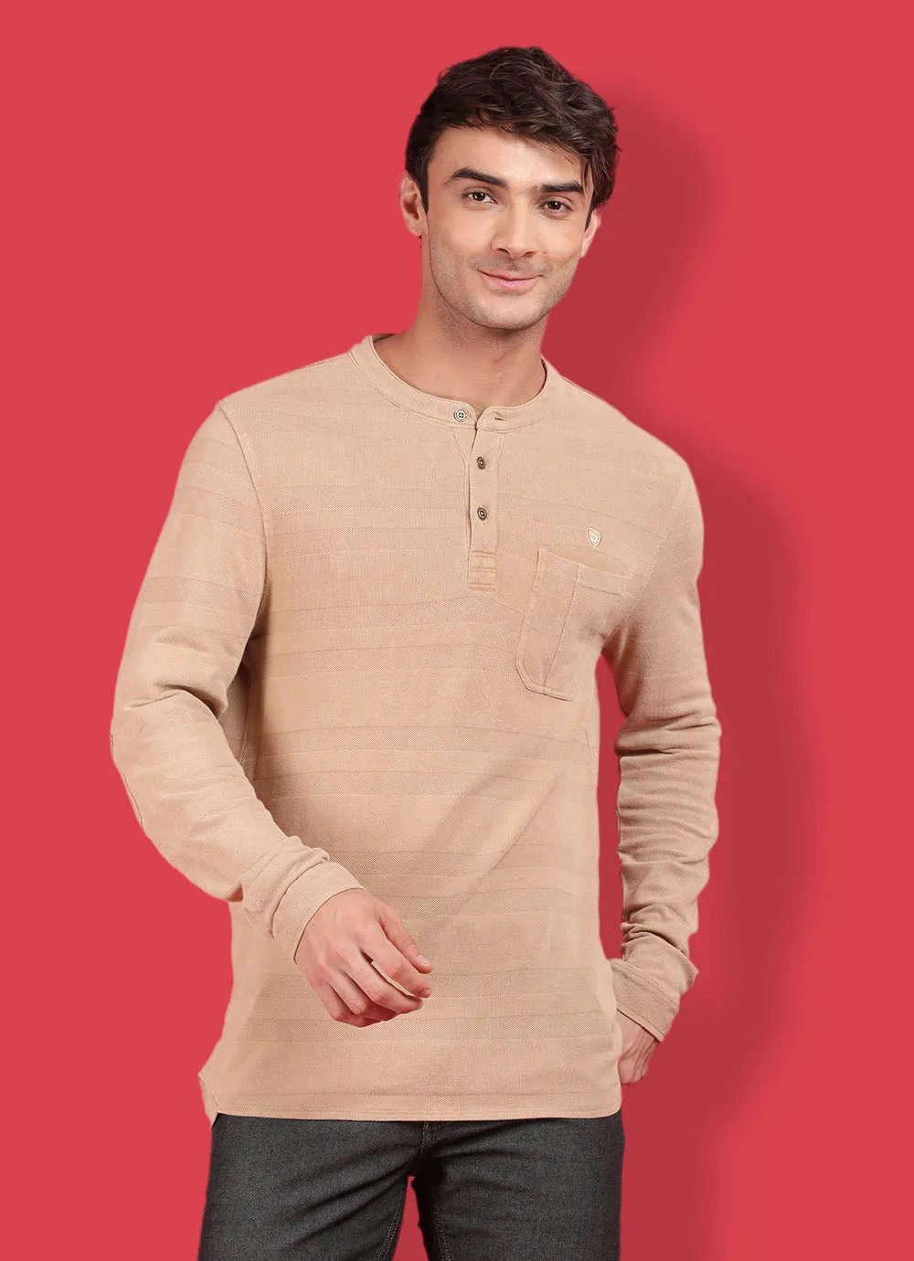 Yellow Cotton  Long Sleeve Henley T-Shirt